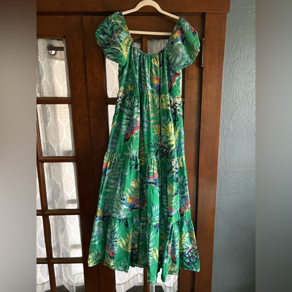 Anthropologie Maeve Tropical Green Tiered Maxi Dress Cotton Birds Butterflies - Picture 4 of 11